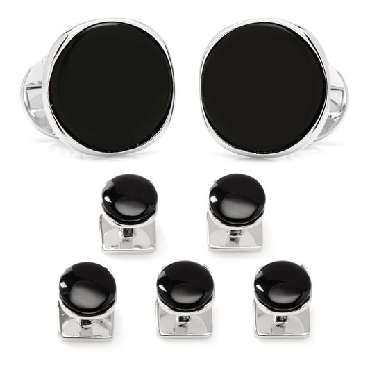 Cufforax Men's Sterling Silver Round Onyx Formal Stud Set